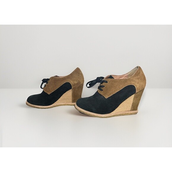 PILCRO Oxford Wedge‎ Booties Black Brown Lace Up Leather Suede Shoes Women's 6.5 - Picture 2 of 11